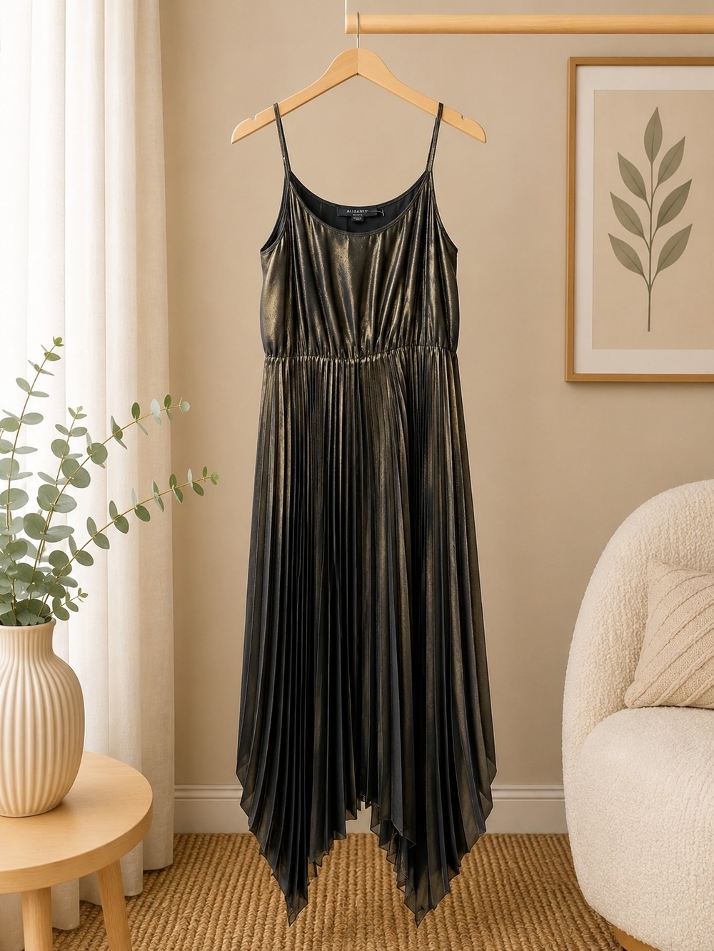 All Saints Metallic Black Pleated Slip Dress